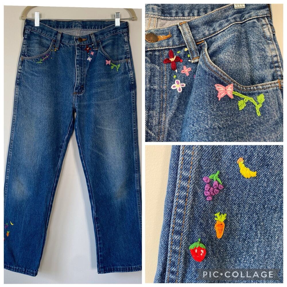 HEMMED Rustler Jeans 31x26.5 Hand Embroidered Denim Straight Leg Jeans Reworked